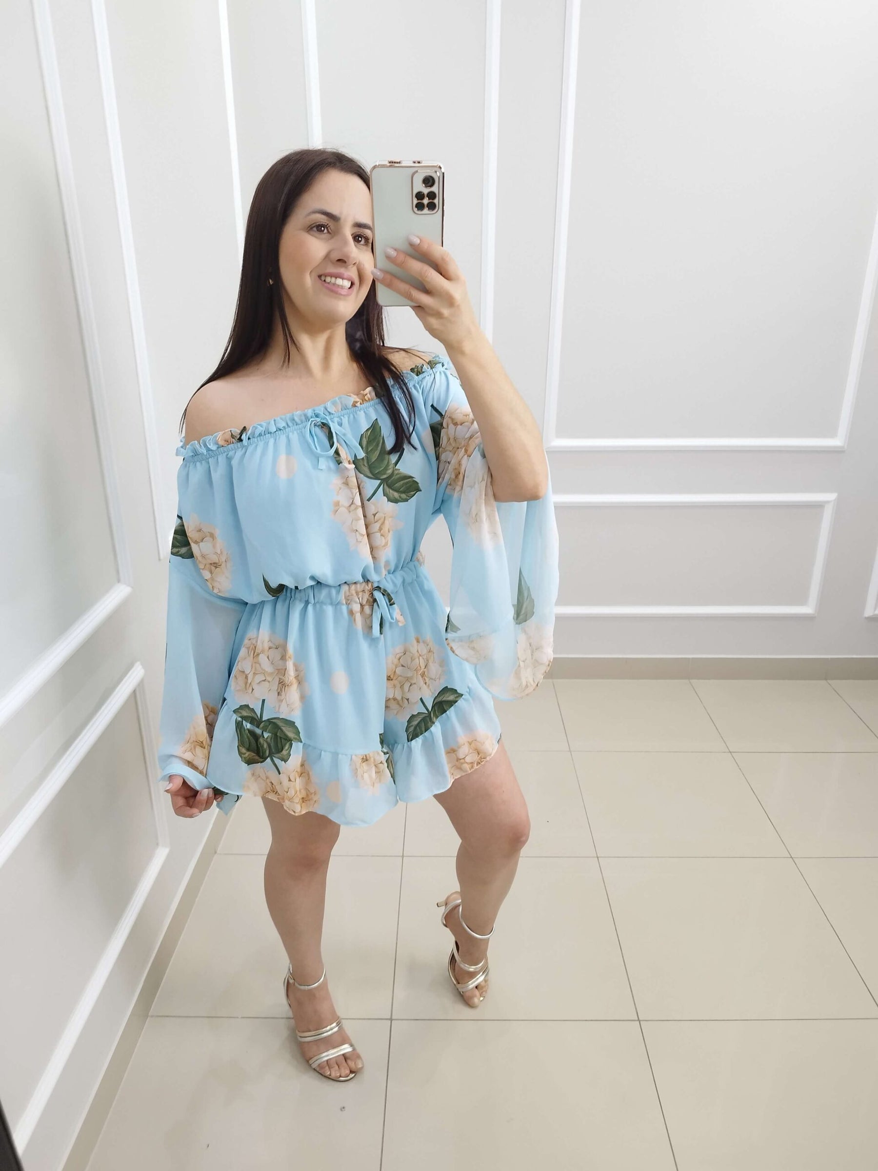 Macaquinho Chiffon Paula | Cor Floral Azul