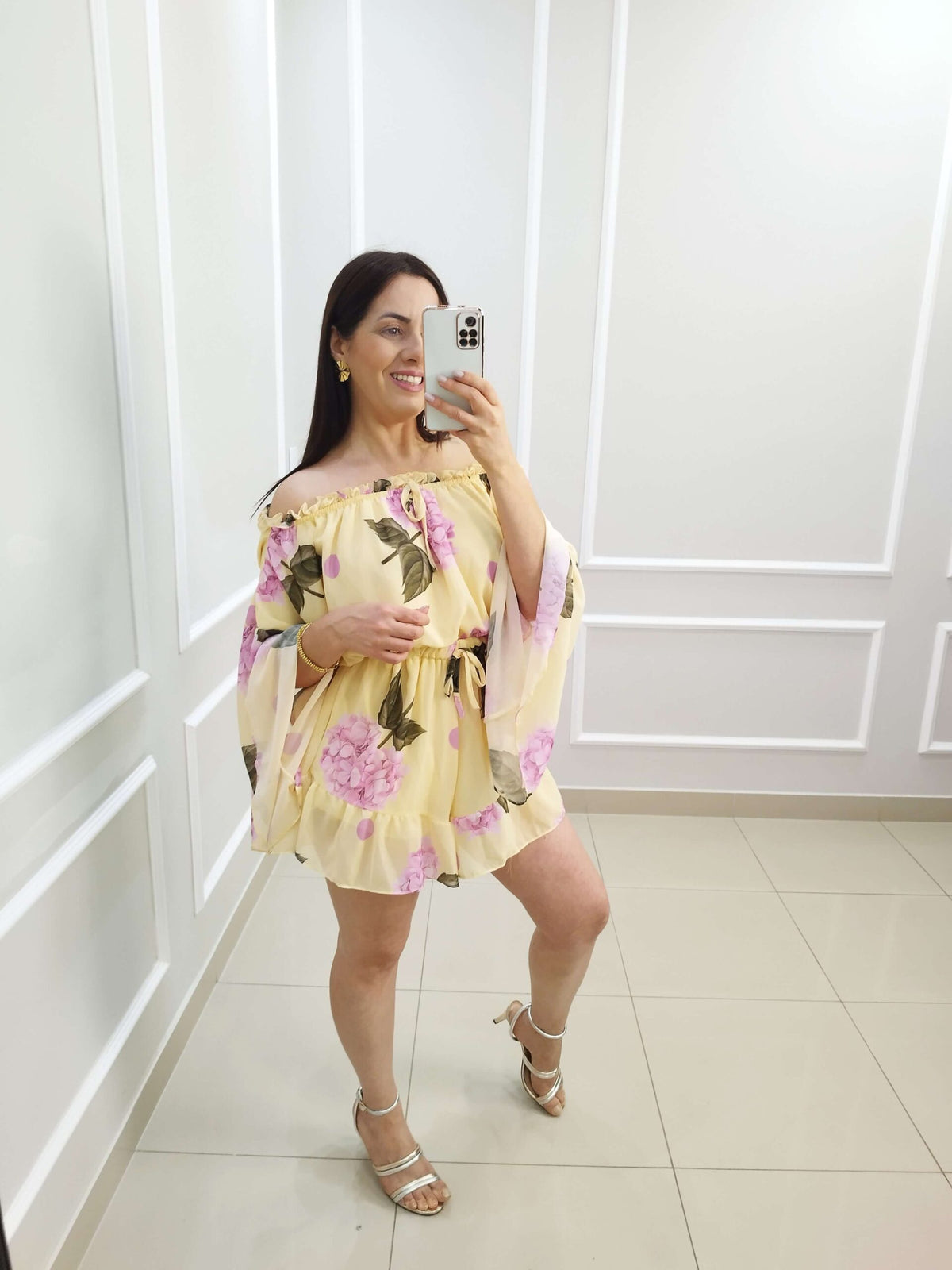 Macaquinho Chiffon Paula | Cor Floral Amarelo