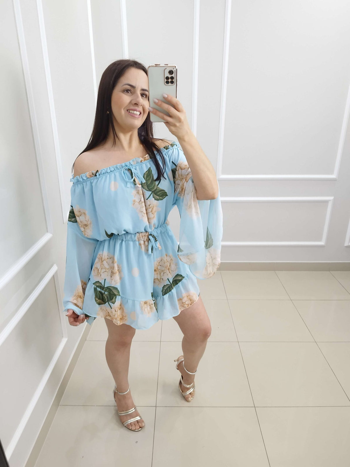 Macaquinho Chiffon Paula | Cor Floral Azul