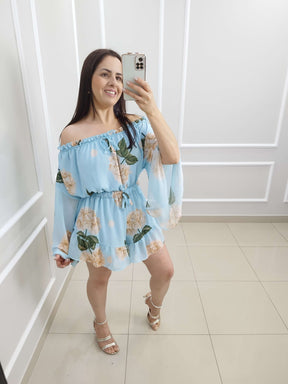 Macaquinho Chiffon Paula | Cor Floral Azul