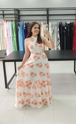 Vestido longo bordado laranja | Larissa |