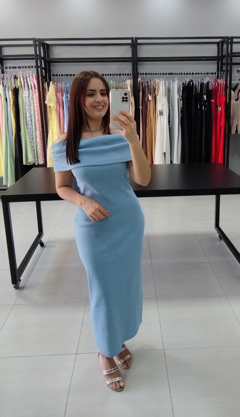 Vestido Canelado Nula Manga Azul | Roma |
